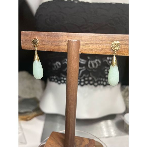 14k yellow gold Asian green jade earrings